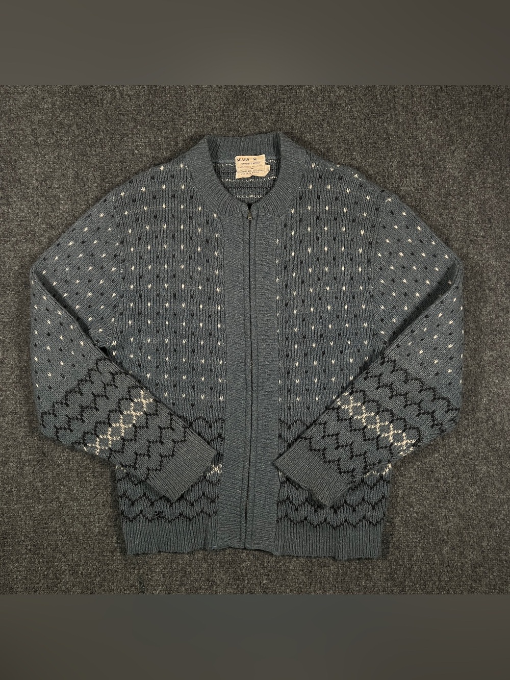 Vintage Sears Mohair Cardigan Sweater Sz M Kurt Cobain Shaggy Blue Birds Eye Zip